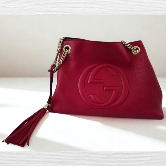 Pebbled Calfskin Medium Soho Chain Shoulder Bag Red - Picture 1 of 11